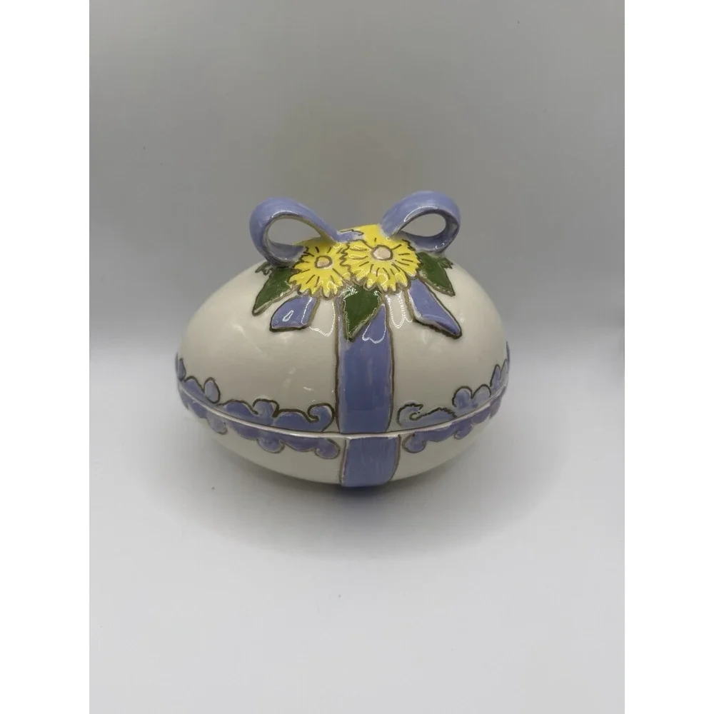 Ceramic Floral Trinket Box Purple Ribbon Yellow Flowers Lidded Jewelry Dish